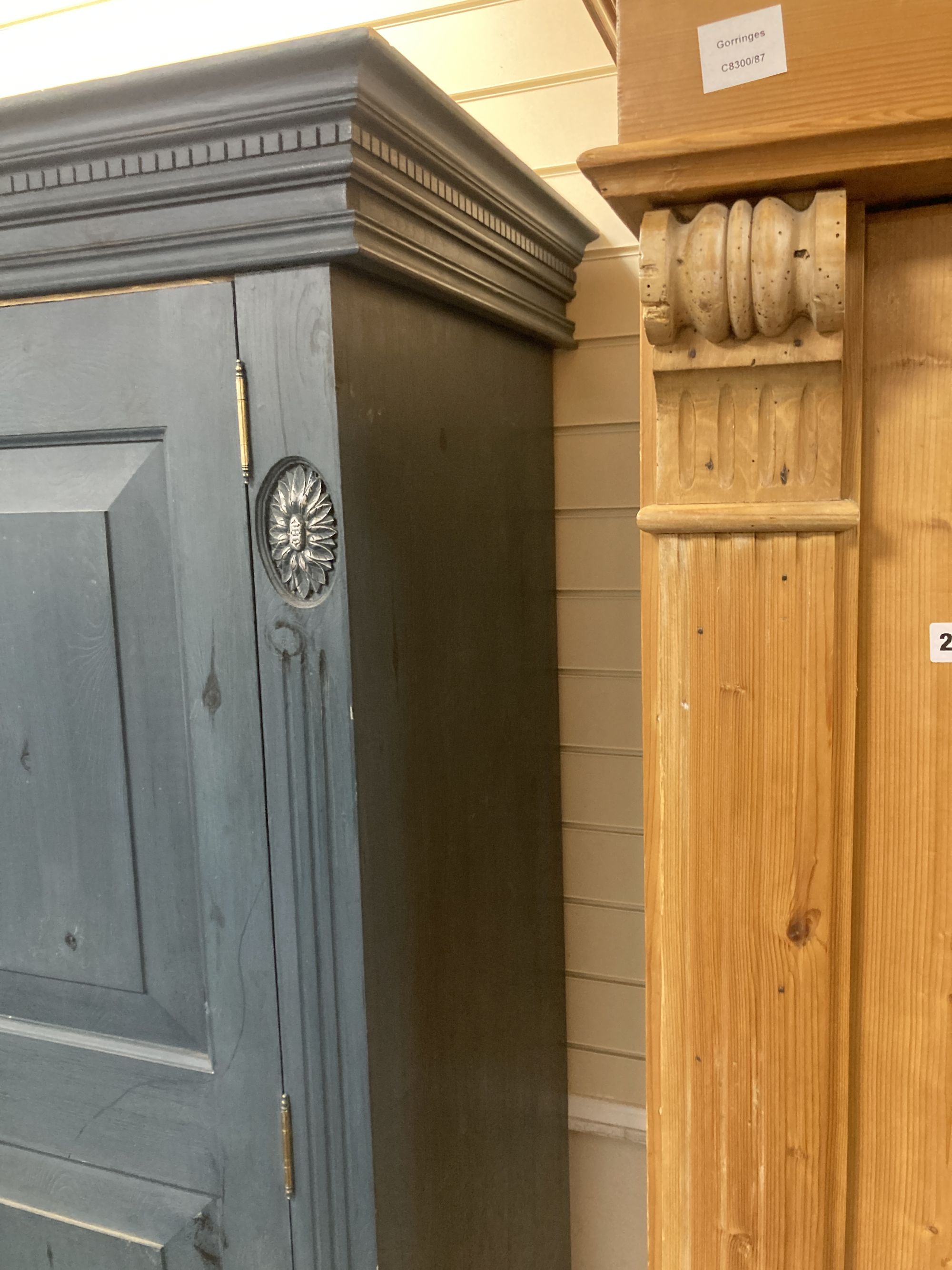A Victorian style blue painted panelled pine two door wardrobe, width 140cm depth 60cm height 198cm